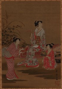 युवा महिला, दो सहेलियों के साथ, एक बगीचे में बैठी हुई, ईदो काल, 1615-1868। द्वारा अज्ञात