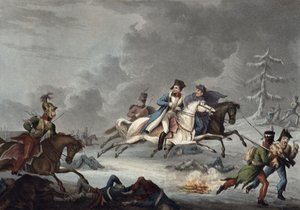 विलियम हीथ द्वारा कर्सनोई की लड़ाई से बोनापार्ट की उड़ान, 1 अप्रैल 1815 (रंगीन जलीय)