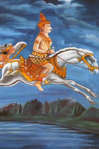20151028, वियनतियाने, लाओस: वाट हेसोक। शाक्यमुनि बुद्ध की जीवन गाथा को दर्शाती पेंटिंग। बुद्ध रात में अपने घोड़े कंथक पर अपने चालक चन्ना के साथ अपना महल छोड़ते हैं द्वारा अज्ञात