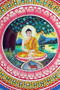 20151029, वियनतियाने, लाओस: वाट इनपेंग बौद्ध मंदिर। शाक्यमुनि बुद्ध की जीवन गाथा को दर्शाती पेंटिंग। ध्यान मुद्रा में बैठे बुद्ध द्वारा अज्ञात