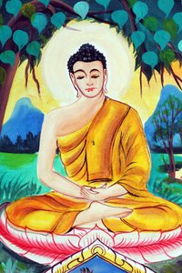 20151029, वियनतियाने, लाओस: वाट इनपेंग बौद्ध मंदिर। शाक्यमुनि बुद्ध की जीवन गाथा को दर्शाती पेंटिंग। ध्यान मुद्रा में बैठे बुद्ध द्वारा अज्ञात