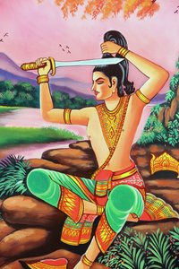 20151029, वियनतियाने, लाओस: वाट सी मुआंग (सिमुओंग) बौद्ध मंदिर। शाक्यमुनि बुद्ध की जीवन गाथा को दर्शाती पेंटिंग। भविष्य के बुद्ध भिक्षु बनने के लिए अपने बाल मुंडवाते हैं द्वारा अज्ञात