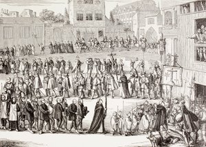 एक ऑटो-दा-फे, या आस्था का अधिनियम, स्पेन में जुलूस, 15 वीं शताब्दी के उत्कीर्णन के बाद, पॉल लैक्रोइक्स द्वारा 'मिलिट्री एंड रिलिजियस लाइफ इन द मिडल एज' से लंदन में लगभग 1880 में प्रकाशित हुआ। द्वारा अज्ञात