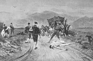 1887 में प्रकाशित 'ला इलस्ट्रसियन आर्टिस्टिका' से 17वीं सदी के मध्य में एक कोच पर हमला द्वारा अज्ञात
