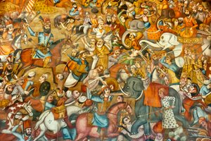 फ्रेस्को; लड़ाई; करनाल की लड़ाई में नादिर शाह की लड़ाई; १७३९; घोड़े पर; एक सफेद हाथी पर सुल्तान मोहम्मद शाह गुरकानी के खिलाफ; चेहल सोतौन; चालीस स्तंभ पैलेस; इस्फ़हान; ईरान; एशिया द्वारा अज्ञात