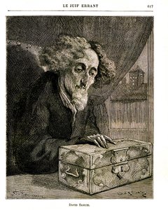 यूजीन सू के उपन्यास "द वांडरिंग ज्यू" का चित्रण - 1883 के जूल्स रूफ संस्करण में फर्डिनेंडस द्वारा उत्कीर्णन। डेविड सैमुअल, डी रेनेपोंट परिवार की संपत्ति के संरक्षक, प्रतिभूतियों, शेयरों, बिलों वाले कैसेट (छाती) के साथ द्वारा अज्ञात