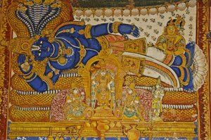 भारत, तमिलनाडु, श्रीरंगम, श्री रंगनाथस्वामी हिंदू मंदिर (मूल १०वीं शताब्दी), विष्णु की दीवार पेंटिंग। द्वारा अज्ञात