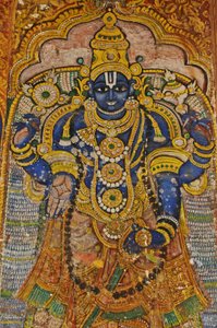 भारत, तमिलनाडु, श्रीरंगम, श्री रंगनाथस्वामी हिंदू मंदिर (मूल १०वीं शताब्दी), विष्णु की दीवार पेंटिंग। द्वारा अज्ञात