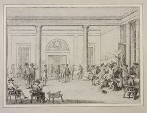 स्टॉक एक्सचेंज का इंटीरियर, c.1790 (नक़्क़ाशी) द्वारा अज्ञात