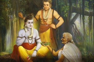 जलाराम प्रार्थना हिंदू मंदिर, लीसेस्टर। फ्रेस्को। राम शबरी से मिलते हैं जो रामचंद्र को भोजन प्रदान करते हैं। यूनाइटेड किंगडम द्वारा अज्ञात