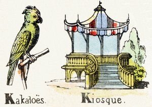 K - काकाटो कियोस्क - बाल मनोरंजन वर्णमाला c.1890 (लिथोग्राफ) द्वारा अज्ञात