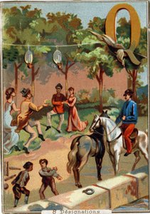 पत्र क्यू: क्वाड्रिल; लड़ाई झगड़ा; गेंदबाजी; कैटेल; पंचक; चार; घाट वर्णमाला । प्रत्येक छवि में, कई शानदार शब्द हैं जिनके प्रतिनिधित्व का मंचन किया जाता है। पेरिसियन लिथोग्राफी के क्रोमोलिथोग्राफ, लगभग 1890। मंद: 10,7x7,5cm। द्वारा अज्ञात