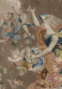वर्जिन का जीवन: "घोषणा"" - चार्ल्स पोर्सन (1609-1667) के चित्र के बाद पियरे डामोर की कार्यशाला में बने ऊन और रेशम का विस्तार टेपेस्ट्री द्वारा अज्ञात कलाकार