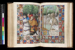 MS 92 f.132v-133r, ऑफ़िस ऑफ़ द डेड, मैटिंस, द थ्री लिविंग एंड द थ्री डेड, फ्रॉम द बुक ऑफ़ आवर्स, वेस्टर्न फ्रांस, रोम का उपयोग, 1490-1510 द्वारा अज्ञात