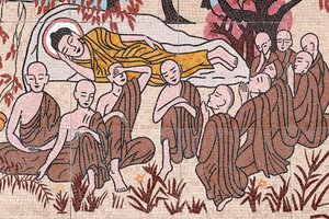 ओंग नुई बौद्ध शिवालय, वॉल फ्रेस्को, बुद्ध का जीवन, धर्म की शिक्षा देने के 45 वर्षों के बाद, बुद्ध परिनिर्वाण, क्यू नोन, वियतनाम, 2019 में गए (फोटो) द्वारा अज्ञात