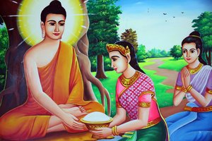 बुद्ध को प्रसाद ग्रहण करते हुए चित्रित करते चित्र। कंबोडिया द्वारा अज्ञात
