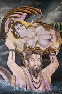 गोकुल में पेंटिंग: कृष्ण एक बच्चे के रूप में वासुदेव द्वारा यमुना नदी पर ले जाया गया। भारत द्वारा अज्ञात