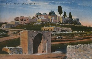 अलेप्पो, सीरिया में शेख अबू बक्र मस्जिद को दर्शाने वाला पोस्टकार्ड, c.1920 (रंगीन फोटोलिथो) द्वारा अज्ञात