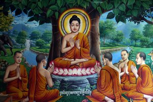 मंदिर के भित्ति चित्र में बुद्ध को शिष्यों के साथ चित्रित किया गया है। कंबोडिया द्वारा अज्ञात