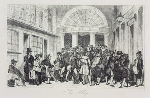 लंदन स्टॉक एक्सचेंज के प्रवेश द्वार पर 'द एले', बन सेलर, कैपेल कोर्ट, c.1850 (नक़्क़ाशी) द्वारा अज्ञात