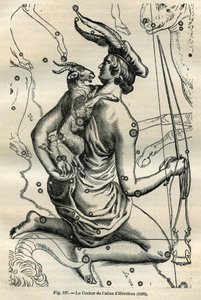 हेवेलियस के एटलस का कोच (1690): कोच का नक्षत्र, जो दाहिने हाथ में एक चाबुक और रेनेस रखता है और बायीं भुजा पर शेवर और दो शेवरल्स, ग्रीक क्षेत्र में सबसे पुराने में से एक है। केमिली फ्लेमरियन के "लेस एटो" से उत्कीर्णन द्वारा अज्ञात
