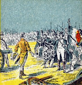 द हंड्रेड डेज़: 1815 में नेपोलियन आई बोनापार्ट की वाटरलू से हार। "हिस्टोइरे डी फ्रांस" में उत्कीर्णन। लुइट की ओर से प्रकाशित विज्ञापन छवियों की श्रृंखला, 24 रुए डी'ईसिन्स-ए-बोर्डो, लगभग 1920। कुल छवि आकार: 7.8 x5.5 सेमी. द्वारा अज्ञात