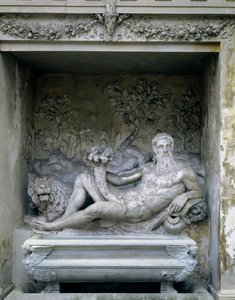 निम्फियम, जियाकोमो विग्नोला (1507-75) और बार्टोलोमो अम्मानती (1511-92) 1551-55 (पत्थर) द्वारा डिजाइन किए गए एक कॉर्नुकोपिया के भीतर एक नदी देवता की मूर्ति का विवरण। द्वारा अज्ञात