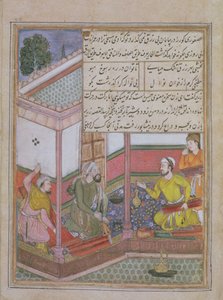 सत्ताईसवीं रात: जरीर और दो अन्य बुनकर तुतीनामा (तूतीनाम) c.1580 (वेल्लम) से एक पर्स रखने वाले व्यक्ति को कपड़ा बेचते हैं। द्वारा अज्ञात