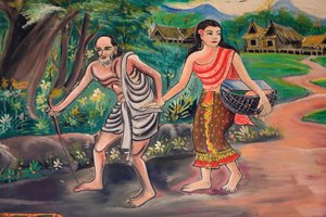 कल। ग्रामीण के साथ बैठक। प्रबुद्धता का मार्ग। बुद्ध का जीवन। बुद्ध के जीवन को दर्शाती छत की कलाकृति। वाट इंपेंग। वेंटियन। लाओस, 20151029, वियनतियाने, लाओस द्वारा अज्ञात