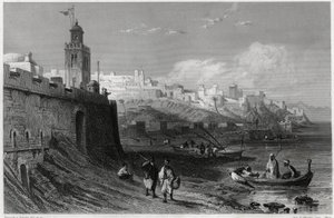 एक फ्रांसीसी पत्रकार और यात्री, लुई एनॉल्ट (1824-1900) द्वारा भूमध्यसागरीय पुस्तक में 19वीं शताब्दी में गढ़वाले शहर टैंजियर का सुरम्य बंदरगाह। लुई एनॉल्ट, ला मेडिटरेनी सेस इल्स एट एसईएस बोर्ड्स, मोरिज़ोटा द्वारा अज्ञात