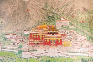 तिब्बती बौद्ध धर्म; कर्म काग्यू वंश का मुख्य मठ; तिब्बत में सुरफू; गंगटोक के पास रुमटेक मठ के प्रवेश द्वार पर भित्ति चित्र; सिक्किम; हिमालय; भारत; दक्षिण एशिया; एशिया द्वारा अज्ञात