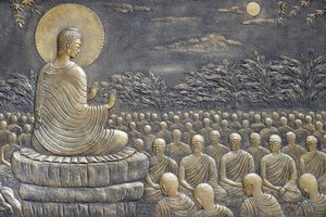 तिन्ह ज़ा नगोक चाऊ बौद्ध मंदिर, बुद्ध का जीवन, सिद्धार्थ गौतम, शिष्यों के साथ बुद्ध, शिक्षण, बुद्ध ने अपने पहले साठ अरिहंत शिष्यों को सिद्धांत का प्रचार करने के लिए अलग-अलग दिशाओं में जाने के लिए प्रोत्साहित किया, चौ डॉक्टर, वियतनाम, 2018 (फो द्वारा अज्ञात