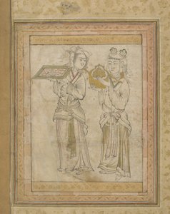 एक चाय की सेवा करने वाली दो महिलाएं, ईरान या वर्तमान अफगानिस्तान, तिमुरिड वंश (स्याही, रंग और कागज पर सोना) द्वारा अज्ञात