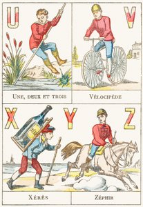 UVXYZ; यू: एक, दो और तीन; वी: वेलोसिपेड; X: Xeres; Z: Zephir - खेल वर्णमाला, c.1890 (उत्कीर्णन) द्वारा अज्ञात