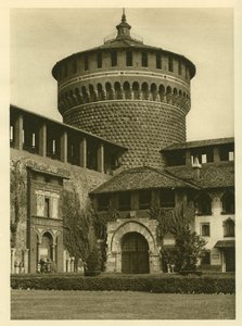 मिलान में Castello Sforzesco (Sforza परिवार का महल) के आंगन का दृश्य द्वारा अज्ञात