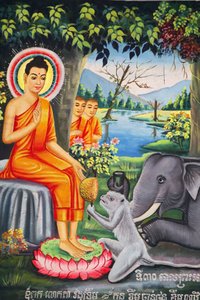 वाट पिची उडोंग में दीवार पेंटिंग: बुद्ध के जीवन का दृश्य। बुद्ध को एक बंदर ने खिलाया जब वे कंपोट कंबोज का उपवास कर रहे थे द्वारा अज्ञात