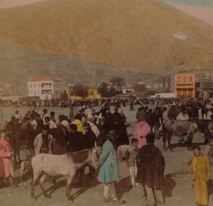मार्केट प्लेस, आर्गोस, ग्रीस से 1903 में लरिसा या प्राचीन गढ़। द्वारा अंडरवुड और अंडरवुड