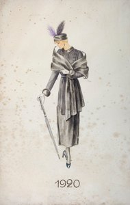 एक छाता लिए हुए कोट और पंखों वाली टोपी पहने मॉडल, 1920 द्वारा अज्ञात