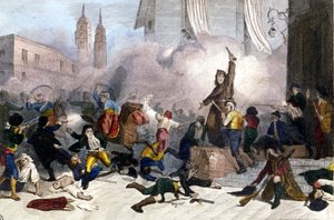 2/05/1808: स्पेन के फ्रांसीसी अधिग्रहण के खिलाफ मैड्रिड विद्रोह। 19वीं सदी की नक्काशी द्वारा अज्ञात कलाकार