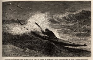 एक ग्रीनलैंड कश्ती, लहर बाधा से गुजर रही है। 1860-1862 में यूनाइटेड स्टेट्स नेवी के सर्जन डॉक्टर हेस द्वारा आर्कटिक ध्रुव के मुक्त समुद्र की यात्रा को चित्रित करने के लिए उत्कीर्णन, एड द्वारा संपादित "ले टूर डू मोंडे, नोव्यू जर्नल डेस वॉयेज" में  द्वारा अज्ञात कलाकार