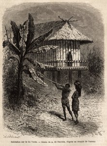 रियो वर्डे (ब्राजील) के भारतीयों का एक जोड़ा अपने सरबेकन के साथ, स्टिल्ट्स पर एक ठेठ घर के सामने। 1869 में डॉ। सैफ्रे द्वारा न्यू ग्रेनाडा की यात्रा को चित्रित करने के लिए उत्कीर्णन, "ले टूर डू मोंडे"" 1873 में प्रकाशित, एडौर्ड चार्टन द्वारा द्वारा अज्ञात कलाकार