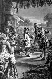 एक दरबारी युवा लुई XV (1710 - 1774) को खुशी में भीड़ दिखाता है और उससे कहता है कि एक दिन यह सब तुम्हारा होगा। 19वीं सदी की नक्काशी। द्वारा अज्ञात कलाकार
