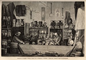 योकोहामा में एक जिज्ञासु का व्यवसाय। 1863-1864 में स्विस परिसंघ के मंत्री ऐम हम्बर्ट द्वारा जापान की यात्रा को चित्रित करने के लिए उत्कीर्णन, "ले टूर डू मोंडे"" 1869 में प्रकाशित, एडौर्ड चार्टन द्वारा संपादित, संस्करण हैचेट, पेरिस। सेल्वा कल द्वारा अज्ञात कलाकार