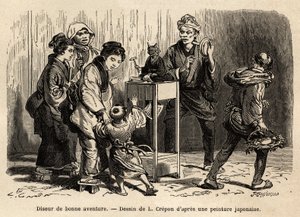 एदो (अब टोक्यो) की गलियों में एक ज्योतिषी। 1863-1864 में स्विस परिसंघ के मंत्री एमे हम्बर्ट द्वारा जापान की यात्रा को चित्रित करने के लिए उत्कीर्णन, एडौर्ड चार्टन, हैचेट, परी के निर्देशन में "ले टूर डू मोंडे" में प्रकाशित हुआ। द्वारा अज्ञात कलाकार