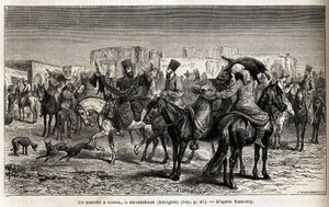 शूराखान (किर्गिस्तान या किर्गिस्तान) में घुड़सवारी। 1863 में मध्य एशिया की यात्रा को चित्रित करने के लिए एमिल बेयार्ड (1837-1891) द्वारा चित्रण, अर्मिनियस वाम्बरी (दरवेश में हंगेरियन वैज्ञानिक भेस) द्वारा। एडौस द्वारा संपादित "" ले टूर डू मोंडे & द्वारा अज्ञात कलाकार