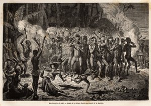 रात में एक पिलो-पिलौ (या गोली या गोली), कनक आदिवासी समारोहों का एक पारंपरिक नृत्य। 1863-1866 में खानों के सिविल इंजीनियर जूल्स गार्नियर द्वारा न्यू कैलेडोनिया की यात्रा को चित्रित करने के लिए उत्कीर्णन, "ले टूर डू मोंडे, नोव्यू जर्नल" में प्रकाशि द्वारा अज्ञात कलाकार