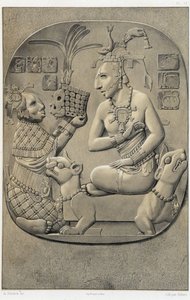 एक सोफे पर बैठी रानी, एक इथियोपियाई महिला से एक भेंट प्राप्त करते हुए - "" मेक्सिको के प्राचीन स्मारक: मेक्सिको की प्राचीन सभ्यता के पैलेनक्वे और अन्य खंडहर "" में ब्रासेउर डी बोर्बर्ग, पेरिस द्वारा द्वारा अज्ञात कलाकार