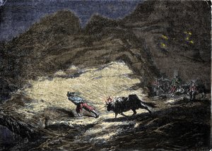 एक जहाज़ की तबाही (समुद्री डाकू) जहाजों को धोखा देने के लिए एक बैल के सिर पर लटके हुए प्रकाश का उपयोग करता है जो फिर तट पर पहुँचते हैं और खुद को लुटेरों के दरवाजे में पाते हैं। 19वीं सदी की नक्काशी। द्वारा अज्ञात कलाकार