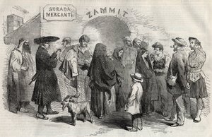 1857 में माल्टा (माल्टा) द्वीप पर वैलेटटा (वालेटा) में एक सड़क। द्वारा अज्ञात कलाकार