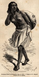 मोनकौलो का एक जलवाहक, एक समहारियाई महिला (इथियोपिया), एक लंबे ताड़ के रेशे की रस्सी से लटकता हुआ चमड़े का ऊपरी भाग पहने हुए, जिसे वह जानवर को पानी देने के लिए मिट्टी के एक बड़े टैंक में खाली कर देती है। 1862 में गुइल्यूम द्वारा एनग्रेवर डालना इलस्ट्रेटर ले द्वारा अज्ञात कलाकार